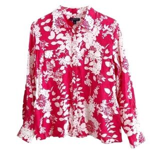 Land’s End Floral Print Linen Blouse Size Medium  White Pink
